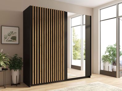 Schiebetürenschrank / Kleiderschrank Piräus, Farbe: Schwarz / Eiche Artisan - Ab