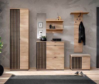 Garderobe Komplett - Set D Angvik, 5-teilig, Farbe: Eiche / Schwarz, zwei Schuhs