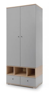 Kleiderschrank in Eiche / Grau, 195 x 80 x 50 cm, mit 2 Drehtüren, 2 Schubladen