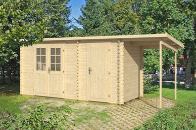 Gartenhaus Pribitz 03 mit Anbaudach inkl. Fußboden - 28 mm Blockbohlenhaus, Grun
