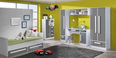 Jugendzimmer Kinderzimmer Komplett - Set B Walter, 6-teilig, Farbe: Grau Hochgla