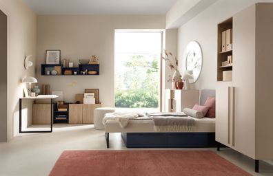 Schlafzimmer Komplett - Set A Authie, 5-teilig, Beige / Eiche hell / Dunkelblau,