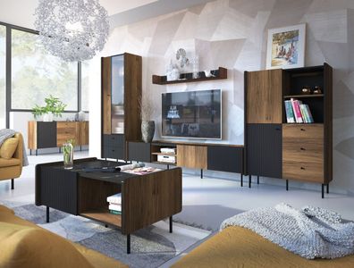 Wohnzimmer Komplett - Set B Mairenke, 6-teilig, Farbe: Walnuss / Schwarz matt