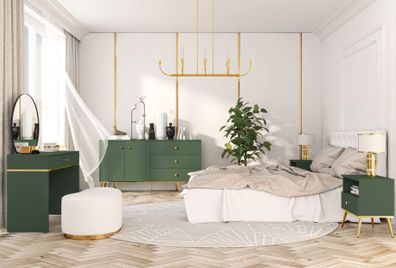 Schlafzimmer - Set A Inari, 4-teilig, Farbe: Waldgrün / Gold