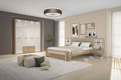 Schlafzimmer Komplett - Set B Gataivai, 8-teilig, Farbe: Beige Hochglanz / Walnu