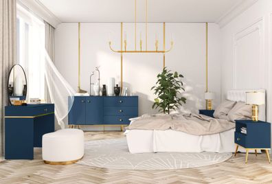Schlafzimmer - Set A Kumpula, 4-teilig, Farbe: Dunkelblau / Gold