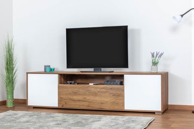 TV-Unterschrank Manase 06, Farbe: Eiche Braun / Weiß Hochglanz - 49 x 180 x 47 c