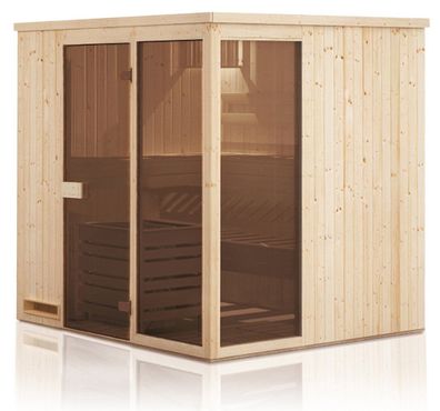 Elementsauna Kawir 68 mm mit 2 Sichtfenstern und Dachkranz - Außenmaße (B x T x