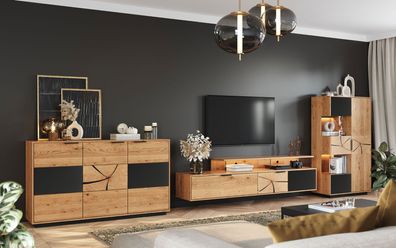 Wohnzimmer Komplett - Set D Rania, 3-teilig, aus Massivholz Eiche, Front teilwei