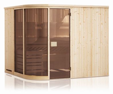 Elementsauna Yuma 68 mm mit 2 Sichtfenstern und Dachkranz - Außenmaße (B x T x H
