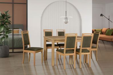 Tischgruppe AA mit 6 Holzsessel, Esszimmertisch in Eiche gehalten, stabile Holzs