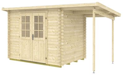 Gartenhaus Pribitz 01 mit Anbaudach inkl. Fußboden - 28 mm Blockbohlenhaus, Grun