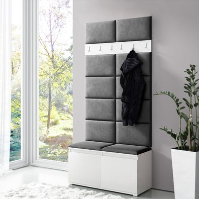 Schmale Ankleide / Garderobe 01 mit Sitzbank & Wand gepolstert, Weiß/Light Black