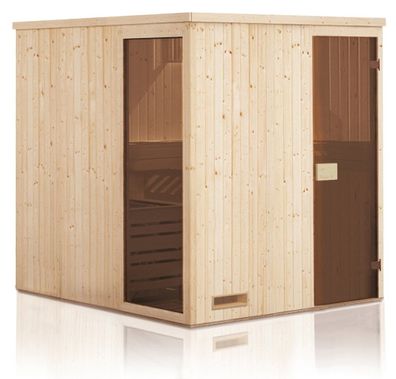 Elementsauna Kawir 68 mm mit 1 Sichtfenster und Dachkranz - Außenmaße (B x T x H