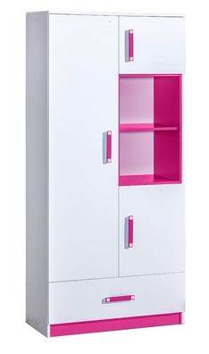 Kinderzimmer - Drehtürenschrank / Kleiderschrank Frank 03, Farbe: Weiß / Rosa -