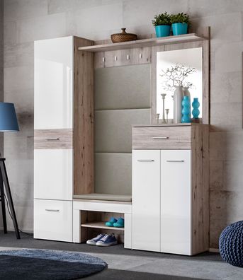 Garderobe Komplett - Set C Sviland, 5-teilig, Farbe: Wellington / Weiß, ein Gard