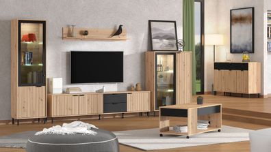 Wohnzimmer Komplett - Set A Zvesdara, 6-teilig, Farbe: Eiche Artisan / Schwarz,