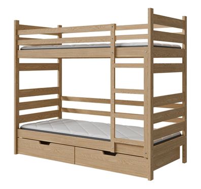 Kinderbett / Etagenbett Milo 19 inkl. 2 Lattenroste und 2 Schubladen, in Natur,