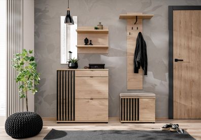 Garderobe Komplett - Set A Angvik, 4-teilig, Farbe: Eiche / Schwarz, zwei Schuhs