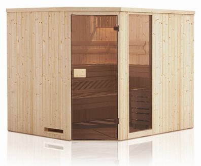 Elementsauna Tirari 68 mm mit 1 Sichtfenster und Dachkranz - Außenmaße (B x T x