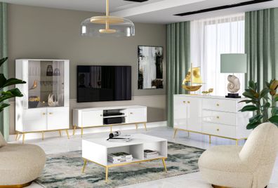 Wohnzimmer Komplett - Set A Roanoke, 4-teilig, Farbe: Weiß / Weiß Glanz