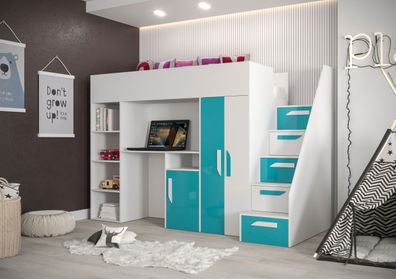 Hochbett / Kinderbett / Funktionsbett-Kombination mit Schreibtisch, Treppe und v