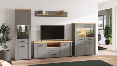 Modernes Wohnzimmer - Set B Banat, 4-teilig, Farbe: Eiche Artisan / Graphitgrau