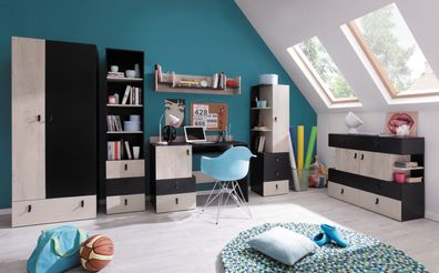 Jugendzimmer Kinderzimmer Komplett - Set E "Aalst", 6-teilig, Eiche / Creme / Sc