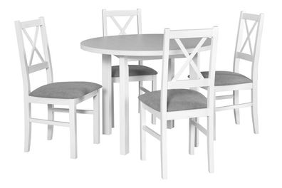 Essgruppe V mit 4 Sessel, einfaches Design, runder Esstisch in Weiß, Holzstühle