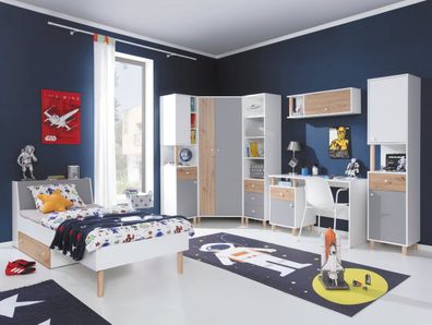 Jugendzimmer Kinderzimmer Komplett - Set B Burdinne, 7-teilig, Farbe: Weiß / Eic