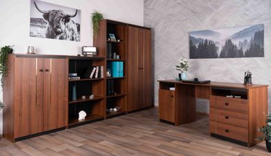 Büro Komplett - Set A Mojokerto, 5-teilig, Farbe: Walnuss / Schwarz