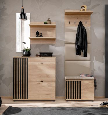 Garderobe Komplett - Set E Angvik, 4-teilig, Farbe: Eiche / Schwarz, zwei Schuhs