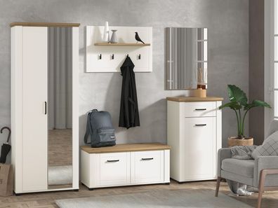 Helle Garderobe - Set C Banat, 5-teilig, Farbe: Weiß Matt / Eiche Artisan, ein G