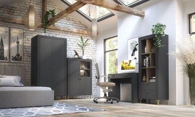 Modernes Schlafzimmer Komplett - Set E Barbe, 5-teilig, Farbe: Schwarz matt, mit