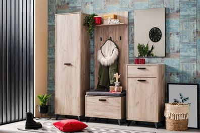 Garderobe Komplett - Set A Vracar, 5-teilig, Farbe: Eiche Grau, ABS-Kantenschutz