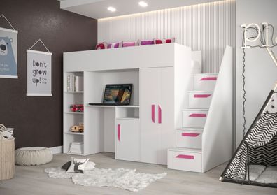 Hochbett / Kinderbett / Funktionsbett-Kombination mit Schreibtisch, Treppe und v