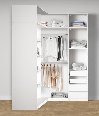 Offener Eckkleiderschrank | 4 Schubladen | 10 Fächer | Farbe: Weiß | 2 Kleiderst