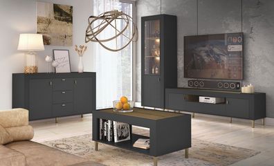 Wohnzimmer Komplett - Set O Barbe, mit dunklem Design, 4-teilig, Farbe: Schwarz