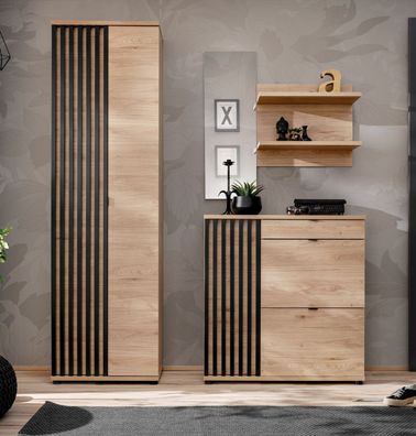 Garderobe Komplett - Set C Angvik, 3-teilig, Farbe: Eiche / Schwarz, ein Gardero