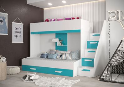 Etagenbett / Kinderbett / Funktionsbett-Kombination - mit Bettschublade und Trep