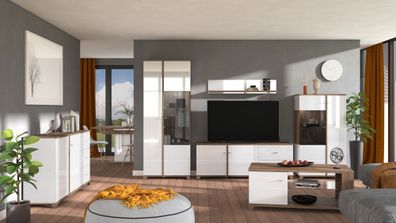 Wohnzimmer Komplett - Set A Kanjiza, 6-teilig, Farbe: Eiche Flagstaff / Weiß / W