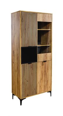 Breite Vitrine mit zwei geriffelten Türen Calmuco 03, Farbe: Eiche Craft Gold /