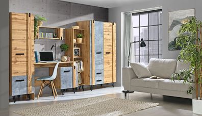 Wohnzimmer Komplett - Set D Atule, 5-teilig, Farbe: Eiche / Grau