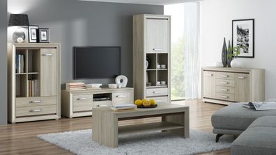 Wohnzimmer Komplett - Set C Kundiawa, 5-teilig, Farbe: Sonoma Eiche hell / Sonom