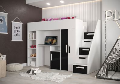 Hochbett / Kinderbett / Funktionsbett-Kombination mit Schreibtisch, Treppe und v