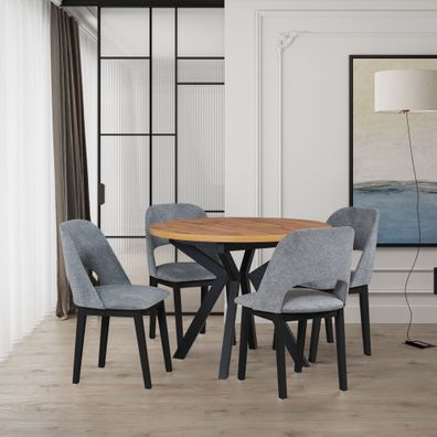 Esstisch - Set Q mit 4 Polstersessel, runder Holztisch in Schwarz/Eiche, Tischbe
