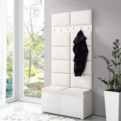 Garderobe 01 mit Sitzbank und Wand gepolstert, Weiß/Cream, 215 x 100 x 40 cm, Sc