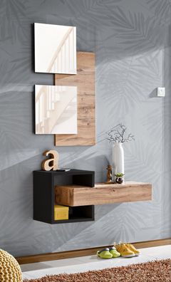 Garderobe Komplett - Set B Pollestad, 2-teilig, Farbe: Eiche Wotan / Schwarz, zw