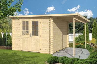 Gartenhaus Pribitz 02 mit Anbaudach inkl. Fußboden - 28 mm Blockbohlenhaus, Grun