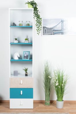 Jugendzimmer - Schrank Aalst 20, Farbe: Eiche / Weiß / Blau - Abmessungen: 190 x